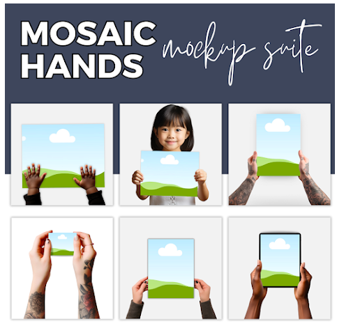 mosaic hands mockup kit with 6 images of hands holding different mockups