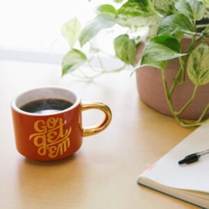 orange coffee cup that says go get em next to a notebook, pen, and plant on a table