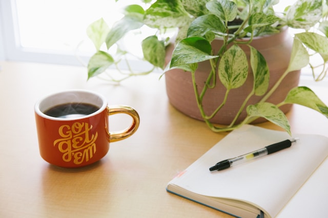 orange coffee cup that says go get em next to a notebook, pen, and plant on a table